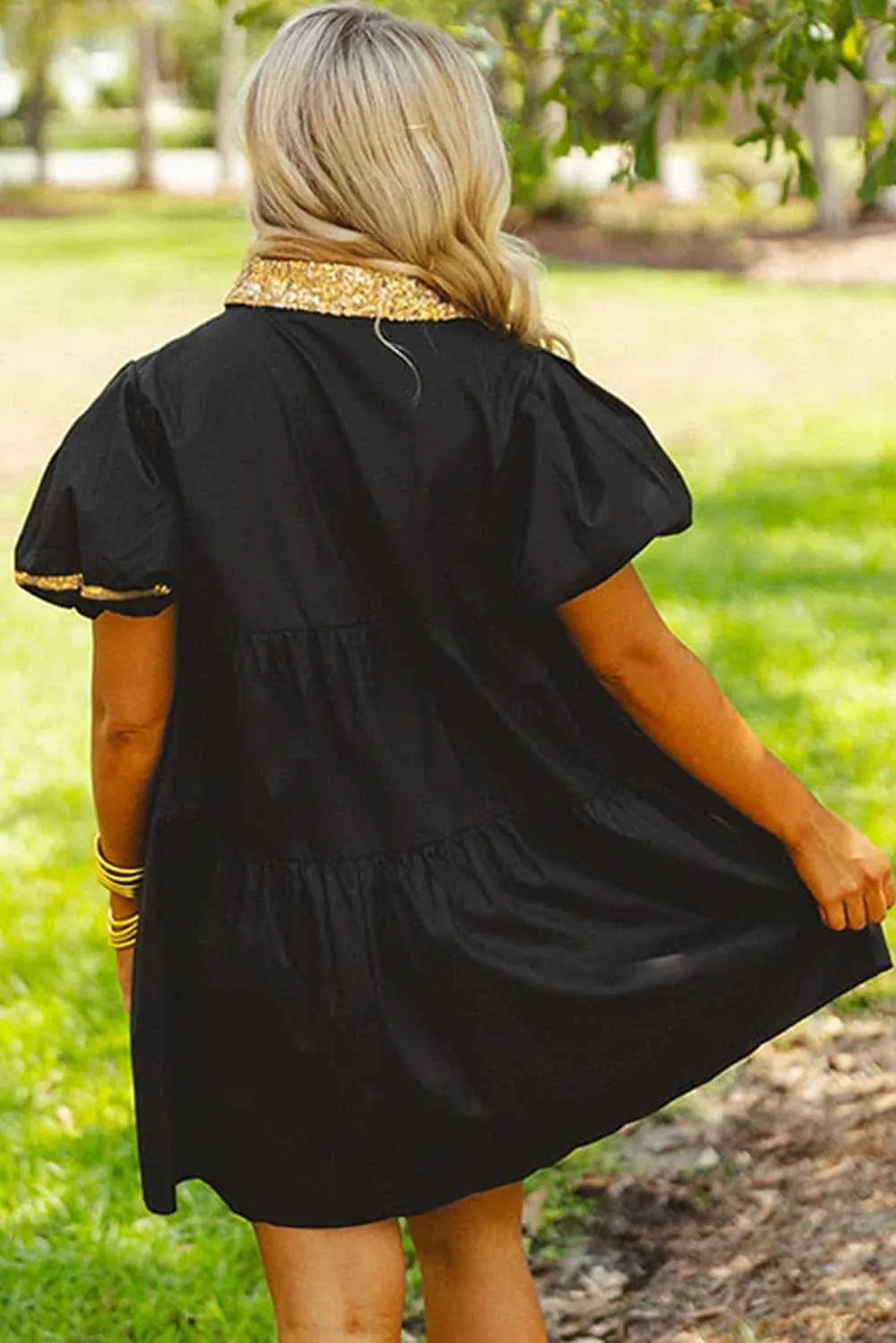 Sequin Black Trim Bubble Sleeve Game Day Shirt Dress