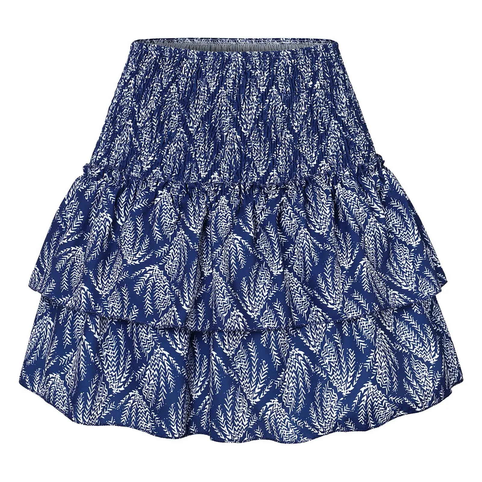Sexy Deep Blue Gypsy Ruffle Printed Bohemian Beach Womens Skirt
