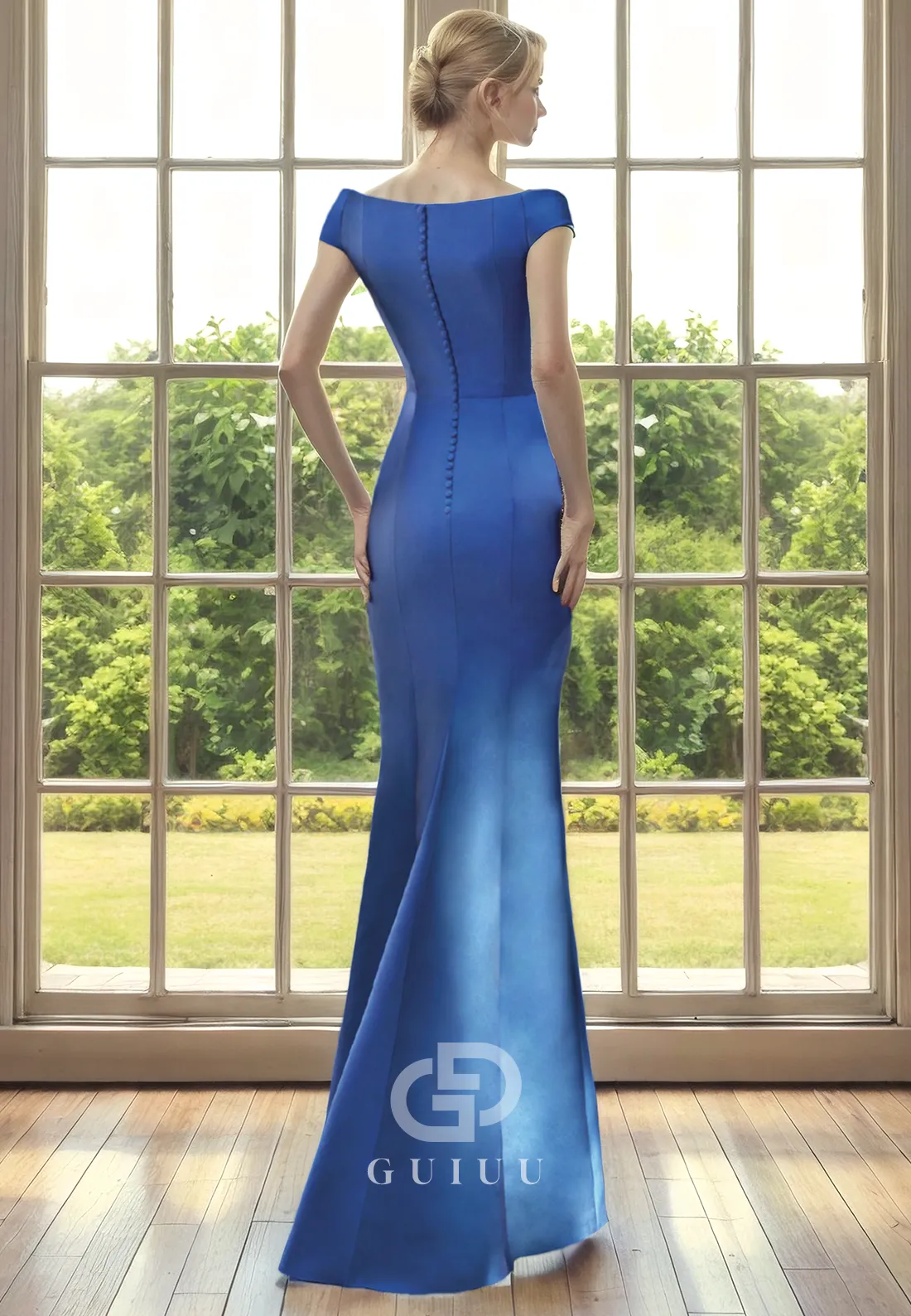 Sheath Off Shoulder Sleeveless Pleated Beaded Back Zipper Buttons Mother of Bride Dress