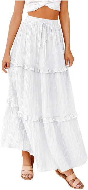 Skirts for Women Casual High Waist Drawstring Elastic Trendy Pleated A-Line Flared Loose Solid Long Skirts for Vacation
