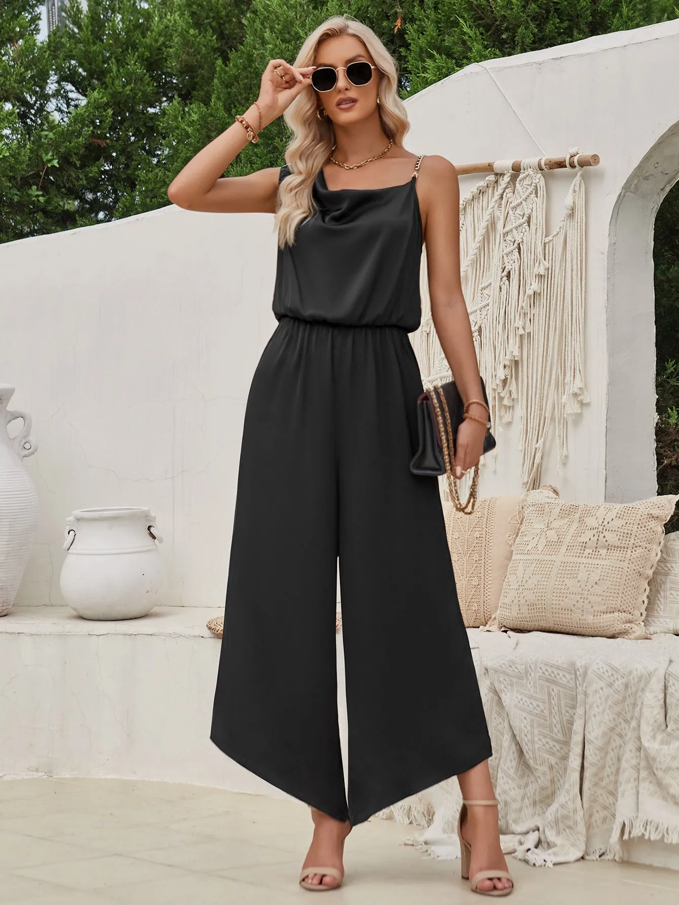 Strap Cinched Waist Wide Leg Jumpsuit