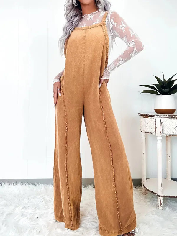 Vintage Washed Raw Edge Wide Leg Jumpsuit Loose Overalls