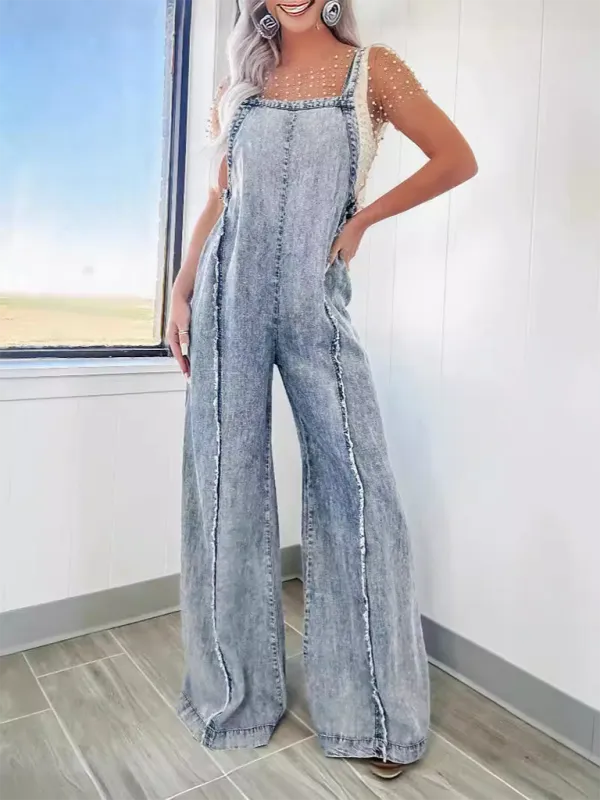 Vintage Washed Raw Edge Wide Leg Jumpsuit Loose Overalls