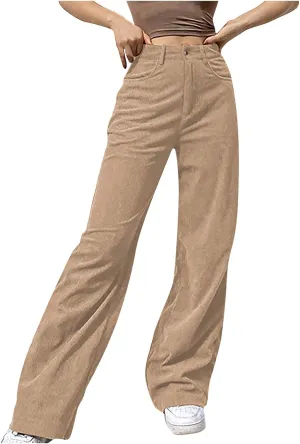 Wide Leg Pants Women’s Solid Mid Waisted Wide Leg Pants Straight Casual Baggy Trousers (Beige-1, S)