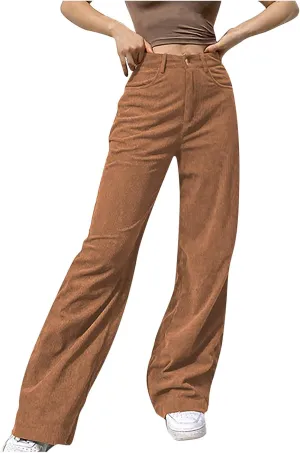 Wide Leg Pants Women’s Solid Mid Waisted Wide Leg Pants Straight Casual Baggy Trousers (Khaki-1, L)