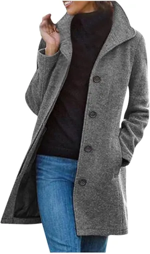 Winter Long Pea Coats for Women Wool Blend Stand Collar Single Breasted Jackets 2024 Casual Peacoat Overcoats