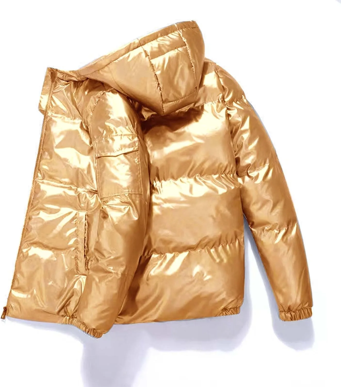 Winter Puffer Jacket for Men with Hood Full Zip Light Weight Down Jackets Trendy Glossy Long Sleeve Padded Warm Coats Tops