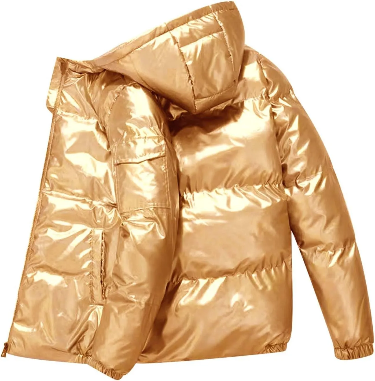 Winter Puffer Jacket for Men with Hood Full Zip Light Weight Down Jackets Trendy Glossy Long Sleeve Padded Warm Coats Tops